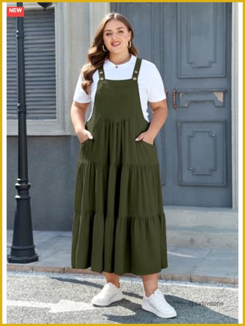 Plus Size Overall Dress with Pockets Tiered Maxi Jumper Dress Adjustable Straps - Picture 2 of 7